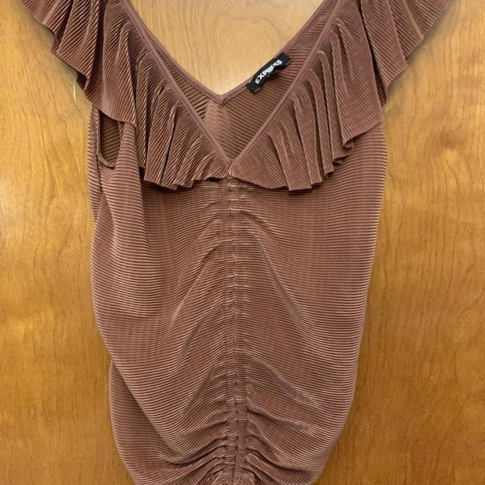 Express Womens Sleevelss V-Neck Blouse Sz XS Brown Ruffle Neckline